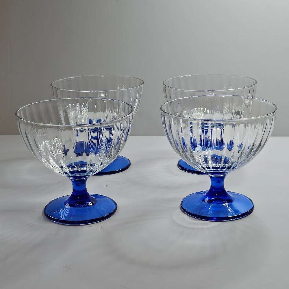 Set Of 4 Italian Cobalt Blue Stem Clear Ribbon Sorbet Dessert Wine Glasses